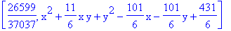 [26599/37037, x^2+11/6*x*y+y^2-101/6*x-101/6*y+431/6]
